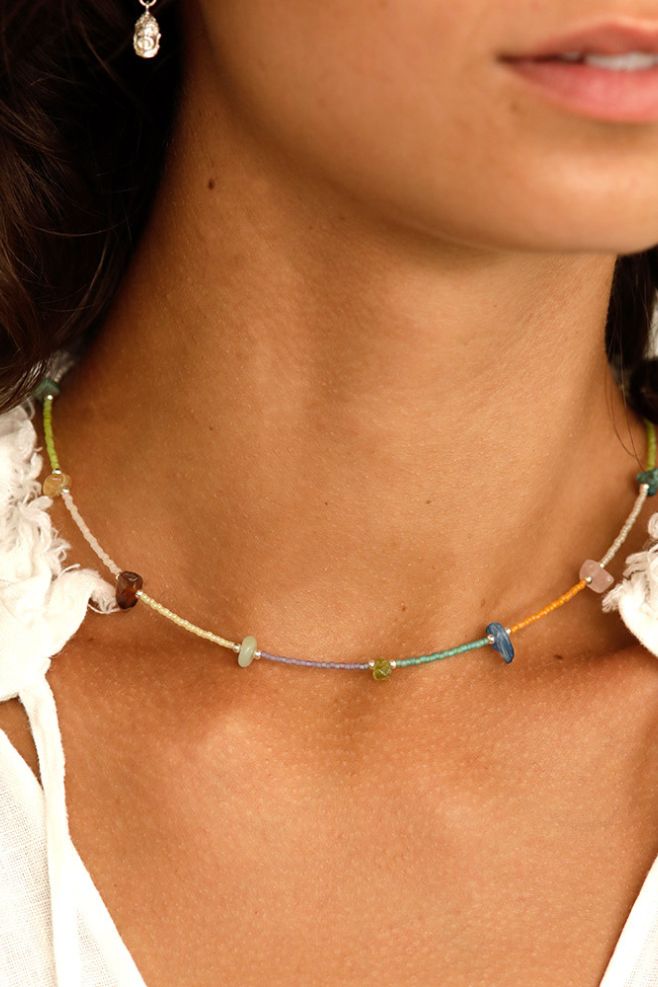 Necklace featuring an eye-catching array of rainbow semi-precious stones and gold-plated 925 Sterling Silver.