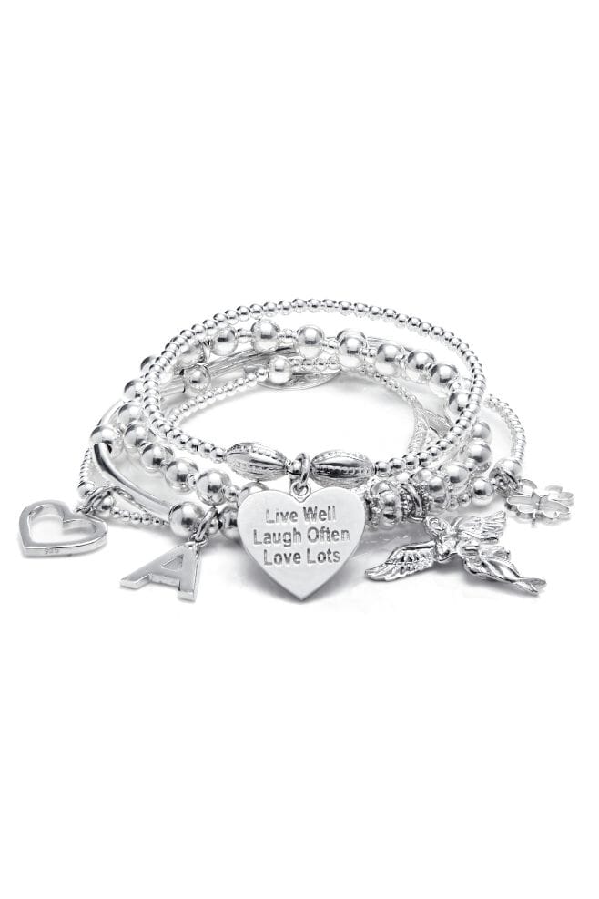 Five strand 925 Sterling Silver bracelet stack featuring our iconic Angel charm and a special charm engraved with your choice of  motto!