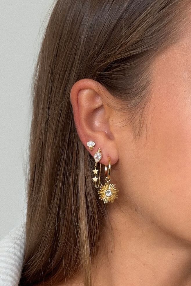 A charming pair of studs showcasing a Zirconia crystal centrepiece with a three-dot cluster detail.