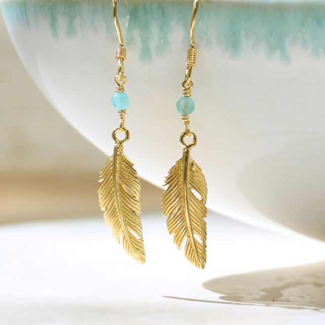 Gold plated 925 Sterling Silver feather charm earrings featuring a colourful gem of your choice.