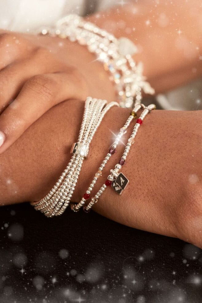 925 Sterling Silver personalised stacking bracelet adorned with dazzling Preciosa and Serenity crystals in vibrant hues.