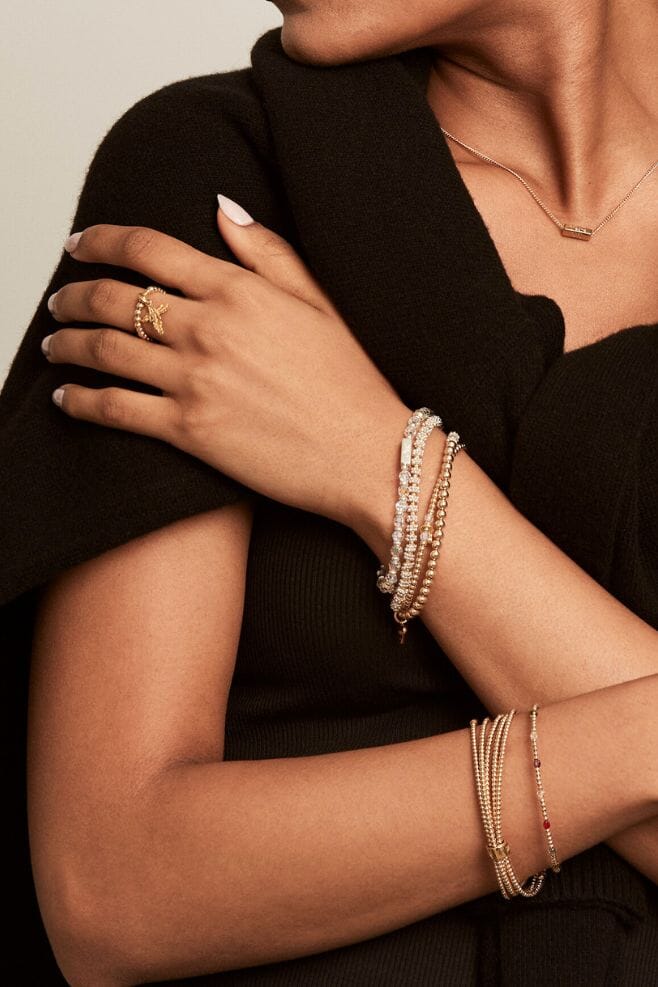 A sparkling stacking bracelet featuring Clear Preciosa crystals and custom engraving.