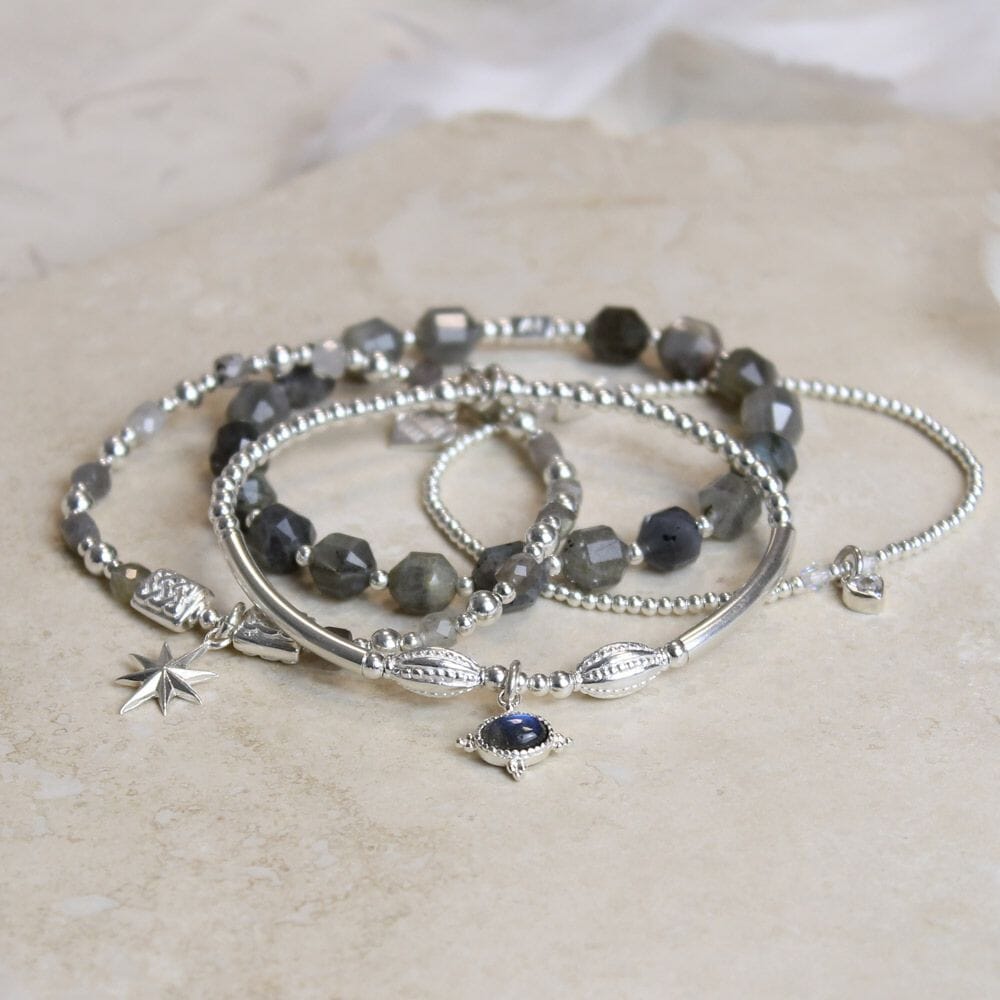 Labradorite Quartet Silver Bracelet Stack