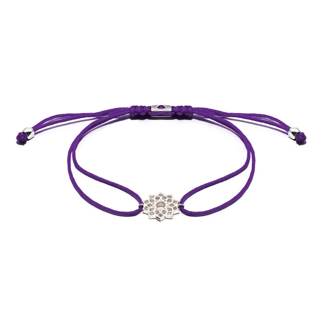 This striking purple Friendship bracelet features a meaningful Crown Chakra symbol, handcrafted in 925 Sterling Silver.