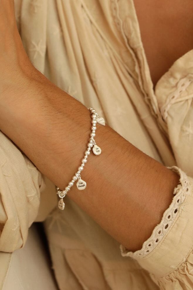 This meaningful stackable Annie Haak bracelet features six new affirmation quote charms, placed perfectly between chunky beads of 925 Sterling Silver.