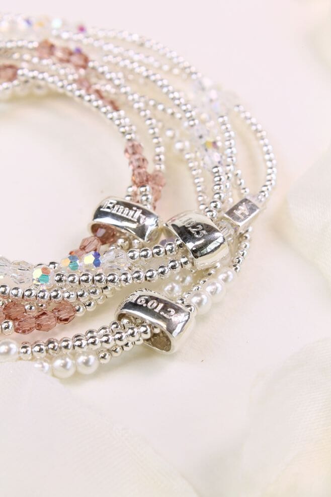 Beautiful and stackable 925 Sterling Silver and Preciosa pearl and crystal looped bracelets with complimentary engraving.