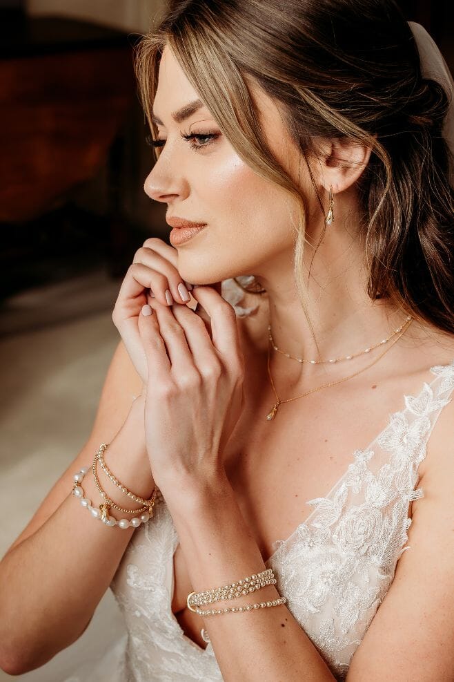 Three-strand personalised wedding bracelet stack, featuring engraving, your choice of initial, and 'something blue'.