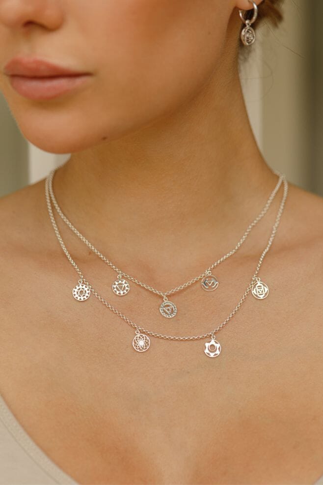 This stunning handcrafted 925 Sterling Silver necklace features all seven Chakra symbols.