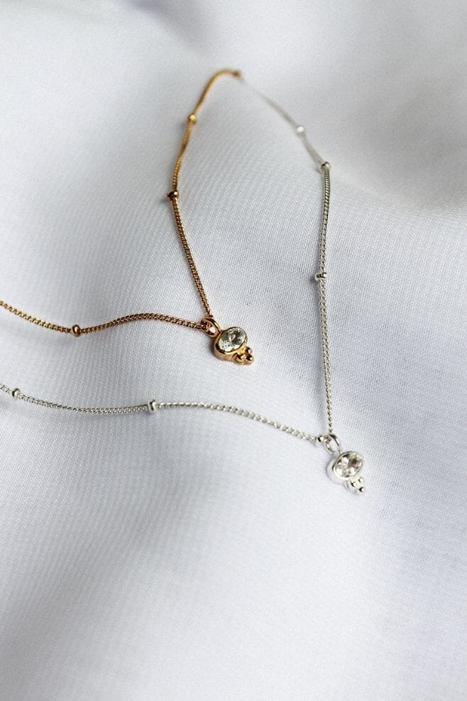 A new design, the Clemmie Silver Necklace, combines an intricate pendant with Zirconia crystal and a three-dot cluster detail, hanging from a unique dainty chain.