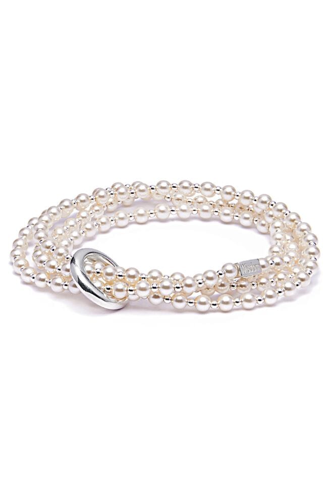 Looped bracelet featuring a continuous unbroken yard of Preciosa Pearls and dainty 925 Sterling Silver beads.