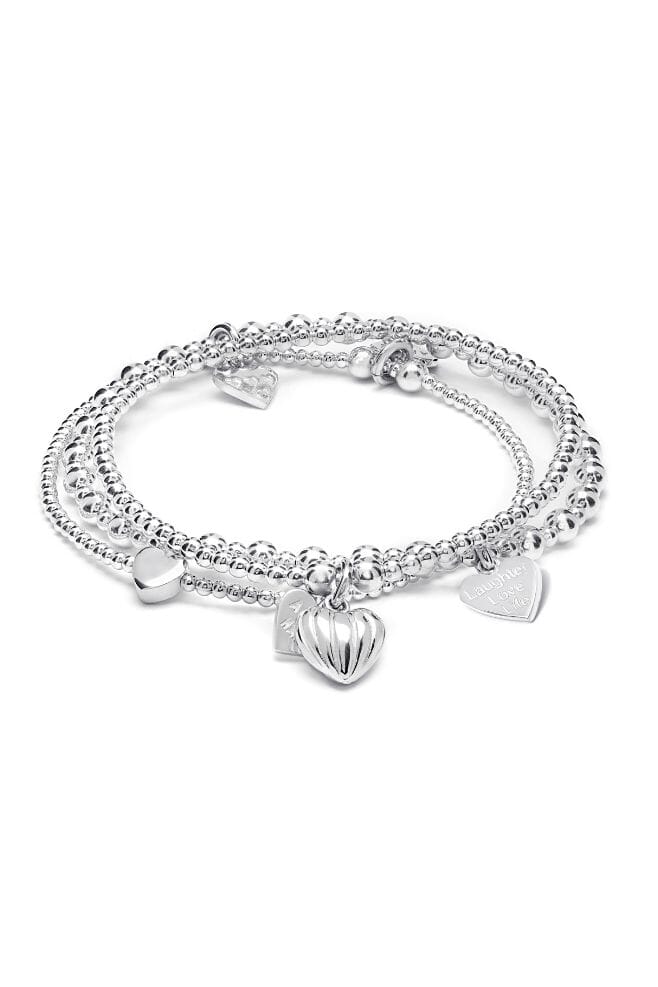 Three strand 925 Sterling Silver bracelet stack featuring heart shaped charms and a special charm engraved with your choice of  motto!
