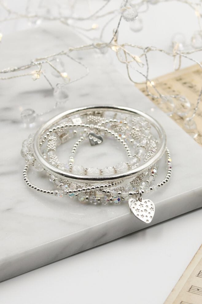 6 strand bracelet stack featuring 925 Sterling Silver, Preciosa Crystal, and Rock Crystal.