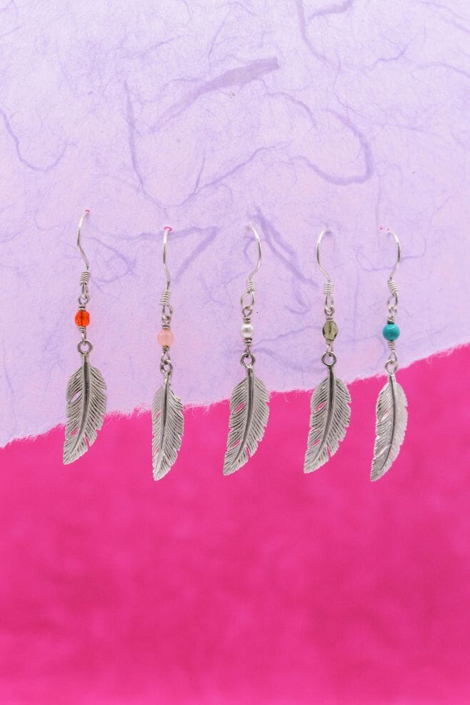 925 Sterling Silver feather charm earrings, featuring colourful semi-precious stones.