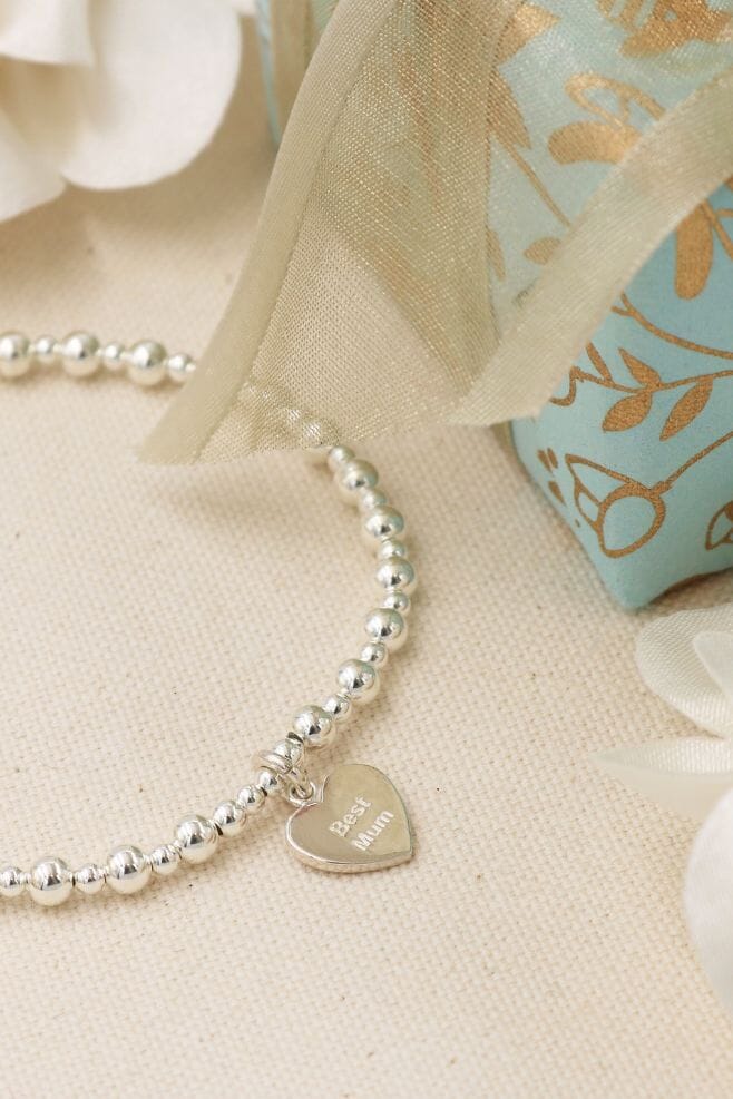 A 925 Sterling Silver beaded stacking bracelet featuring a 'Best Mum' charm.