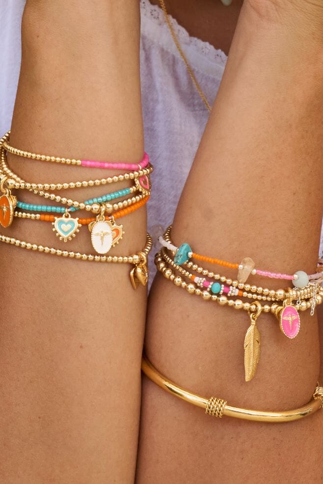 Four strand bracelet stack featuring colourful semi-precious stones, Italian Enamel, and gold-plated Silver.