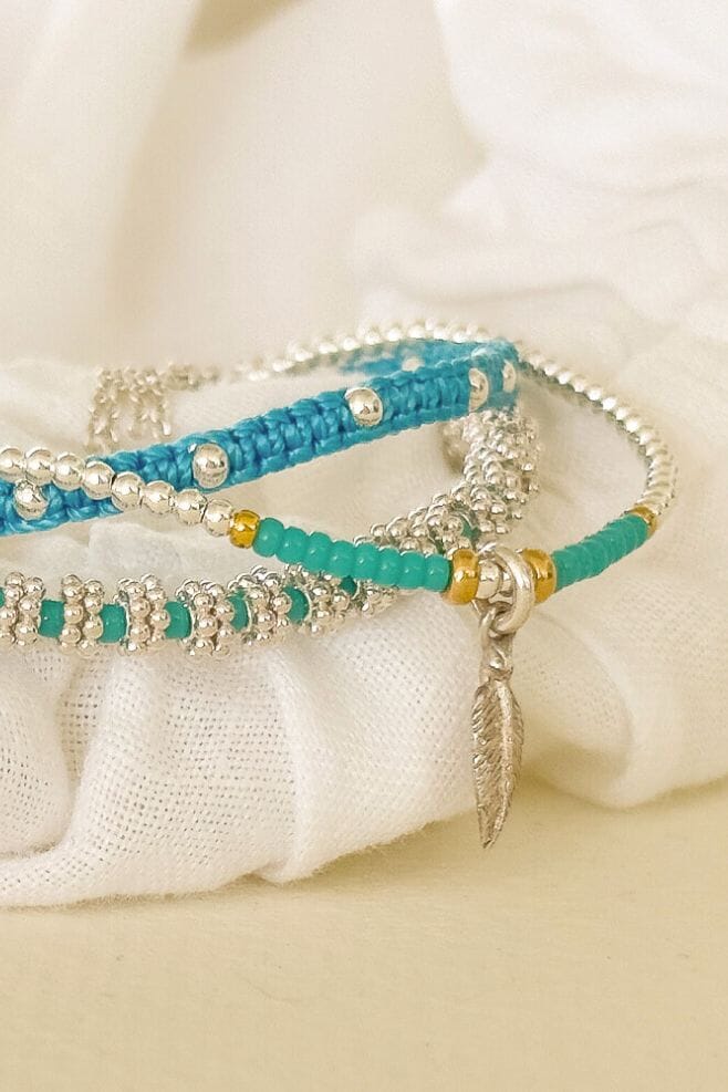 A fun and colourful bracelet stack featuring 925 sterling silver and turquoise details.