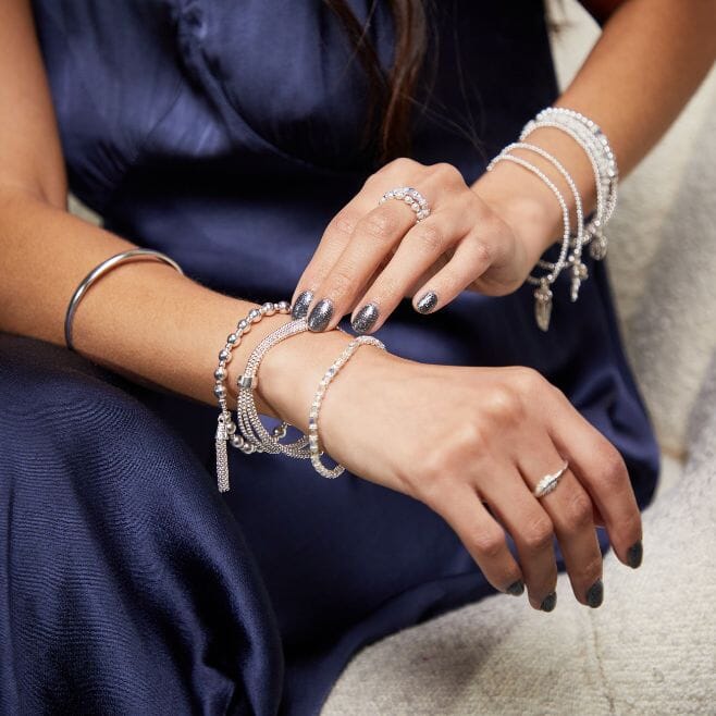 Gorgeous 925 Sterling Silver stackable bracelets and bangles, featuring dainty charms, meaningful mantras and semi-precious stones.