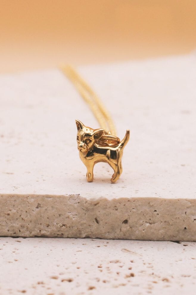 Hanging from a gold plated Silver long chain, this solid pendant necklace makes the perfect gift for a Chihuahua (or any dog!) lover. Intricately detailed and handmade in Bali.
