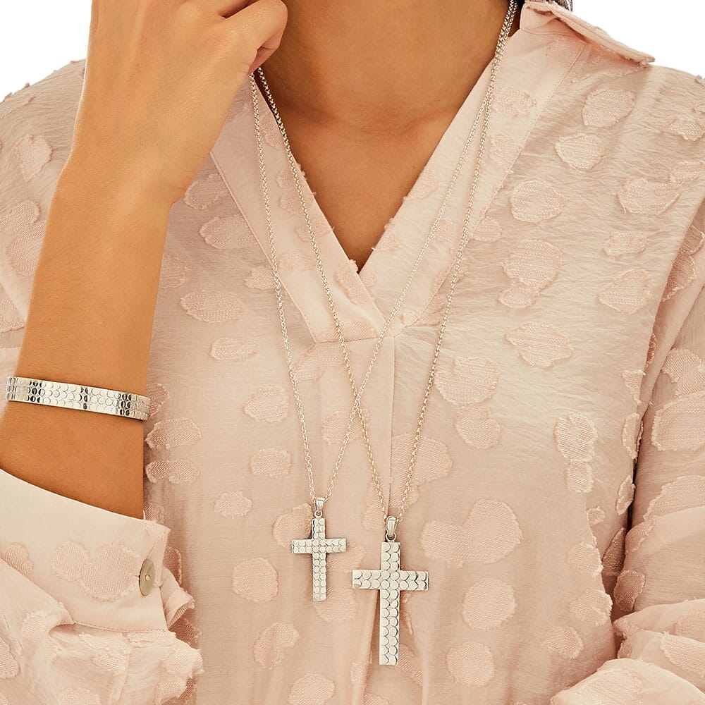 Tiara Dua Pearl and Silver Charm Bracelet - Teeny Motto Heart Circulo Silver Necklace - Large Cross