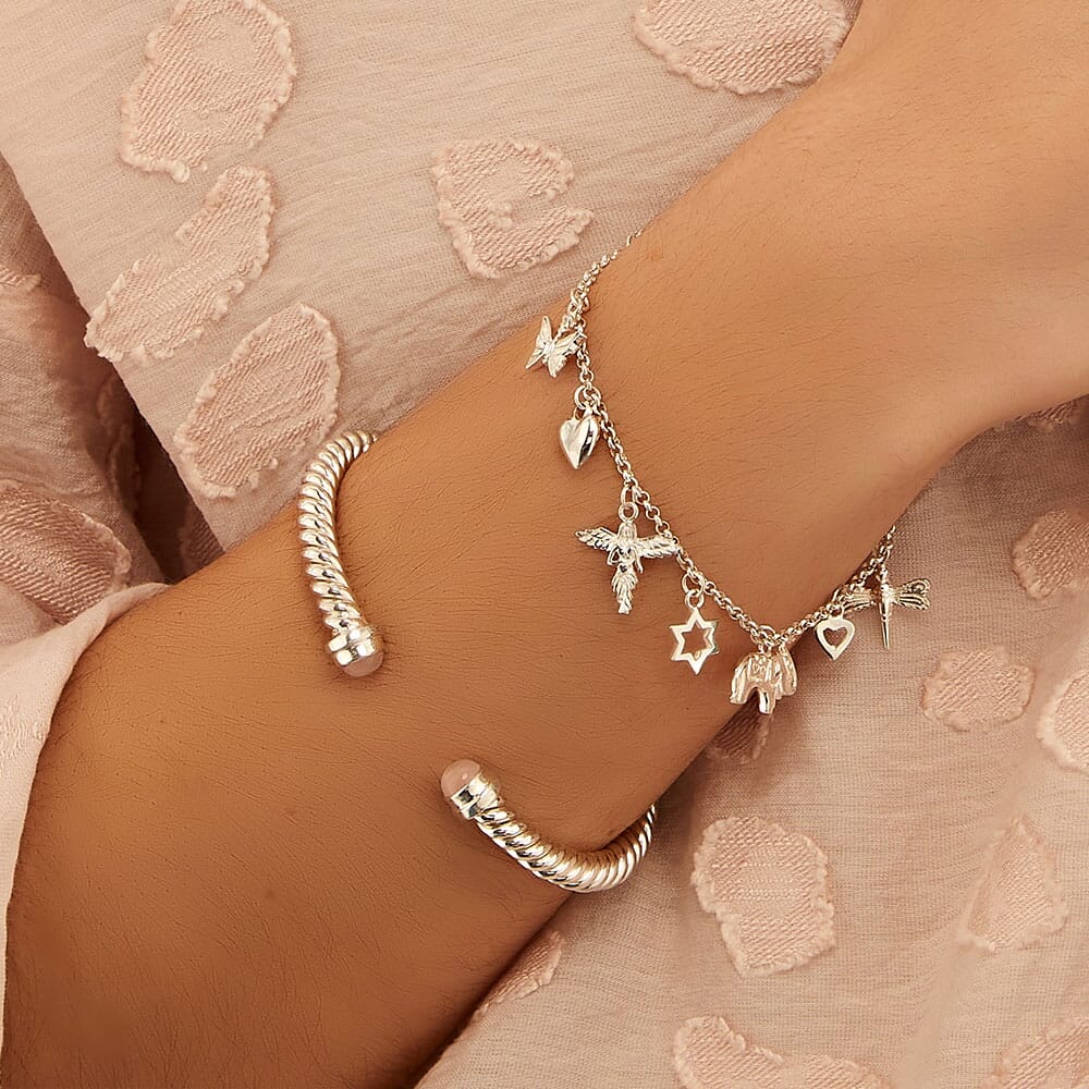 Rose Quartz Twirl Silver Bangle