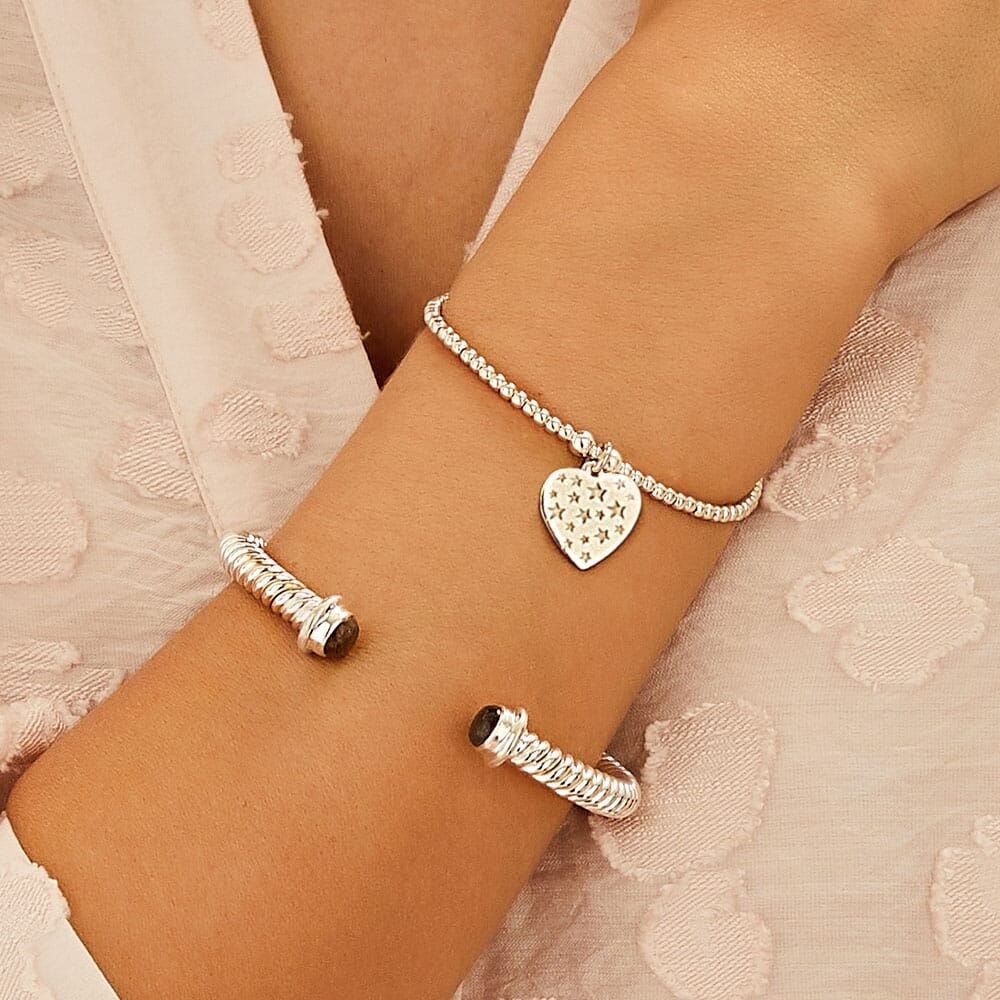 Tiara Dua Pearl and Silver Charm Bracelet - Teeny Motto Heart Santeenie Silver Charm Bracelet - Heart with Stars