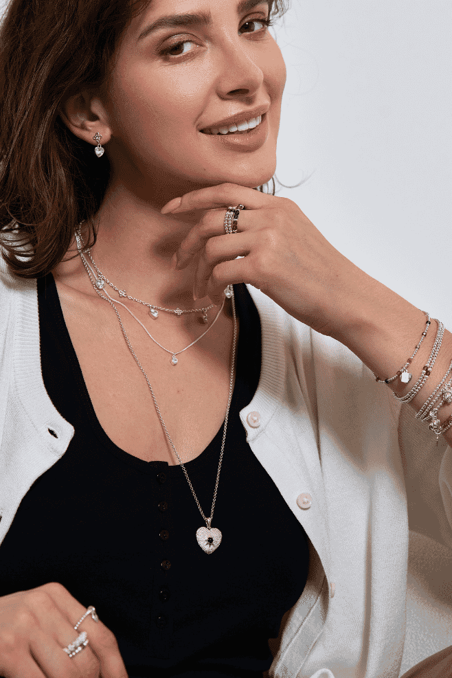 Annie Haak Necklace Layering Trend - Garland of Hearts Silver Necklace - Divine Heart Silver Pendant Necklace - Tiny Crystal Heart Silver Necklace