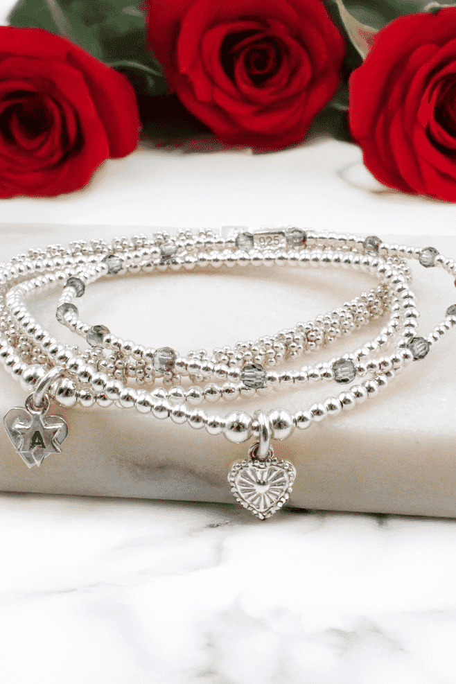 Annie Haak Sterling Silver Embrace Bracelet Stack, Heart Charm, Personalised Jewellery