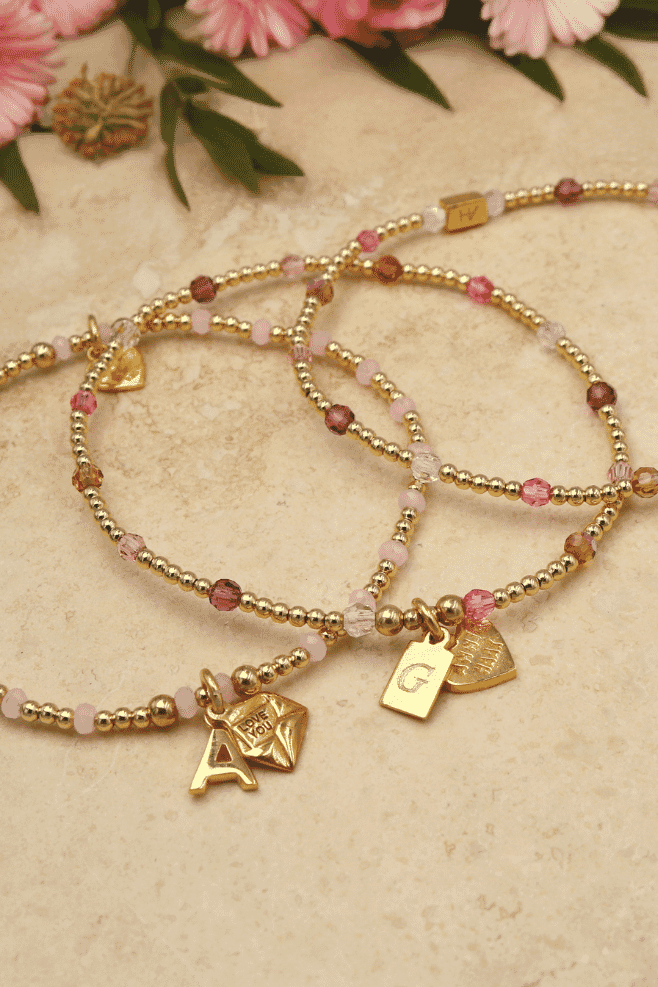 Annie Haak Valentine's Collection, 925 Sterling Silver Stacking Bracelets, Gold Plated Stacking Bracelets - Fancy Initial Gold Plated Bracelet - Love You - Personalised Blossom Mirage Gold Plated Bracelet -