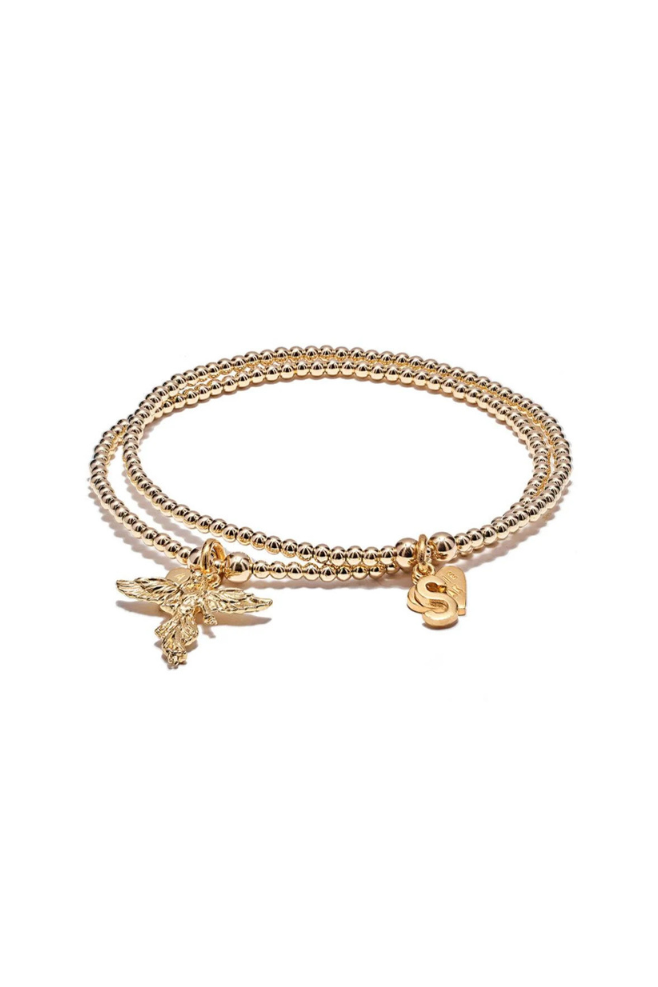 Santeenie Duo Gold-Plated Bracelet Stack featuring Guardian Angel and initial bracelets.