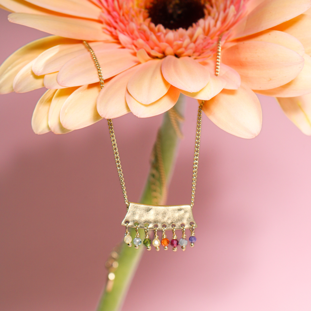 Annie Haak Designs Harlequin Gold Plated Necklace with colourful beads and hammered metal effect