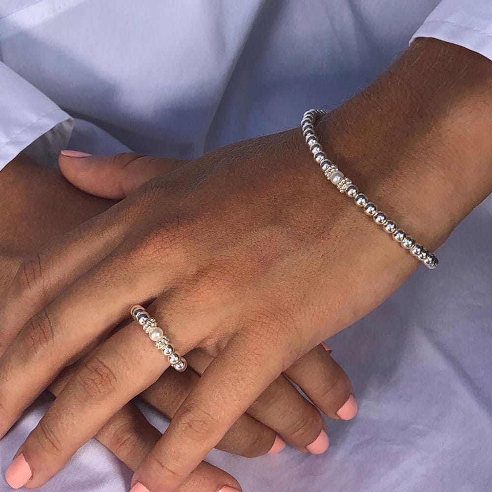 Tiara Dua Pearl and Silver Charm Bracelet - Teeny Motto Heart Seri Pearl Silver Bracelet and Ring