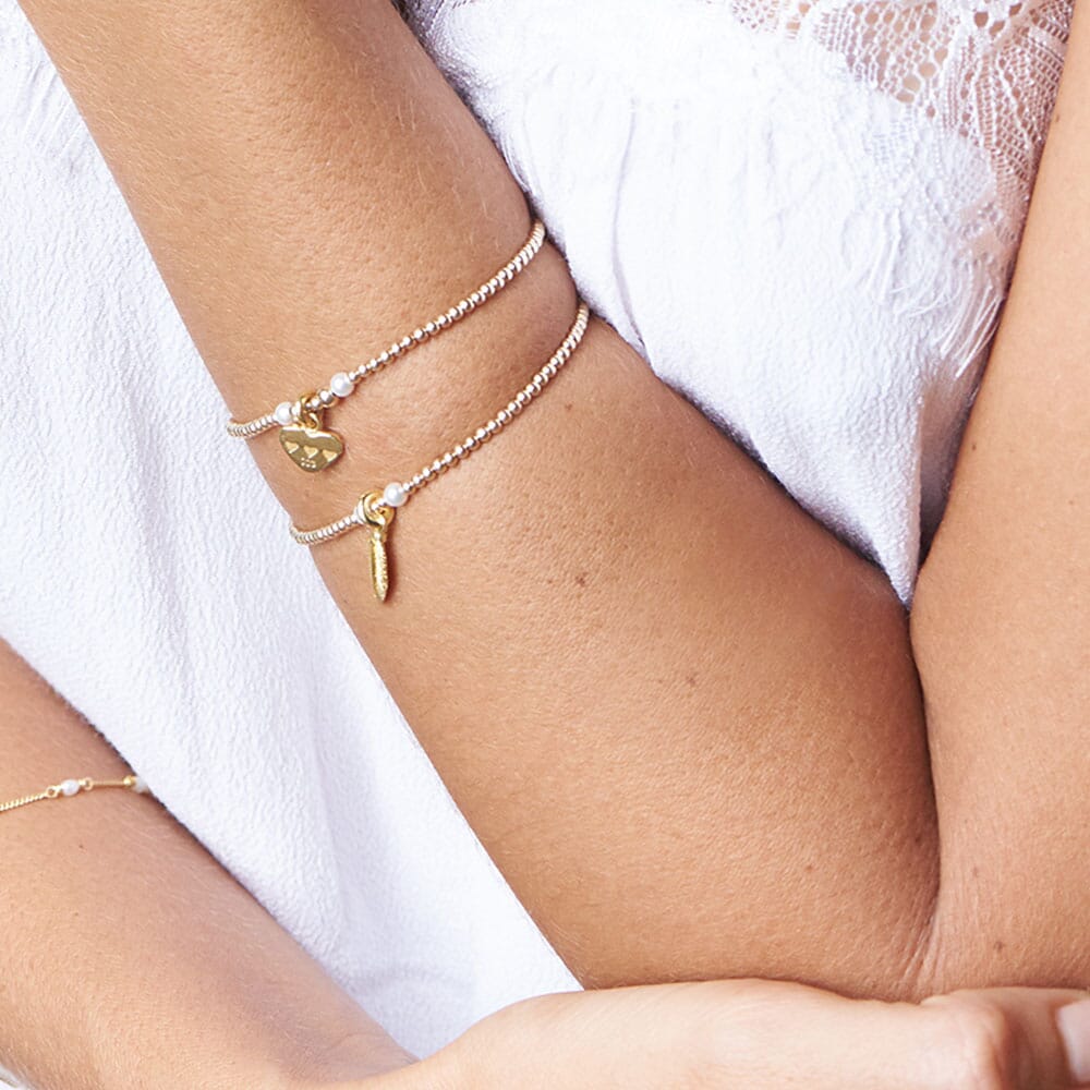 Tiara Dua Pearl and Silver Charm Bracelet - Teeny Motto Heart Bulu Gold Charm Bracelet - Pearl