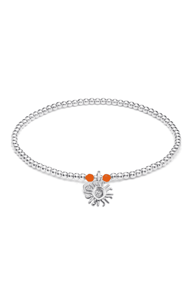 Sunshine Silver Charm Bracelet. Handcrafted from 925 Sterling Silver, the bracelet features orange Agate beads and a charming Sun charm that will remind you of sunny days all year round.